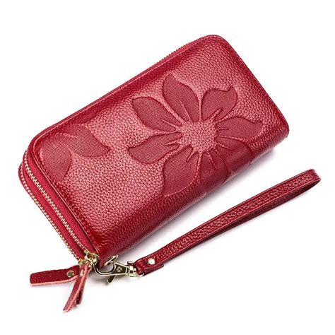 Women's Double Zipper Embossed Long Wallet Cowhide Leather Hand Wallet For Ladies Floral Genuine ...