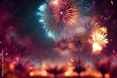 Abstract holiday celebration background. - Fireworks at New Year and copy space. Colorful ...