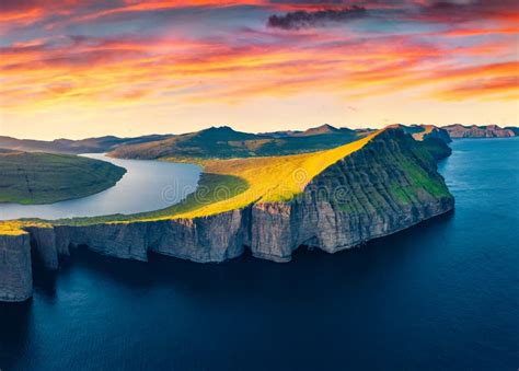 Unbelievable Evening View from Flying Drone of Sorvagsvatn Lake, Vagar, Faroe Islands, Denmark ...