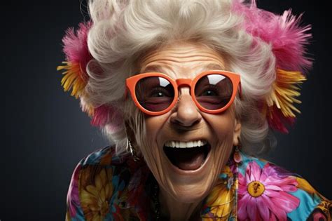 Premium AI Image | Portrait of happy senior woman in glasses Laughing old woman with hairstyle ...