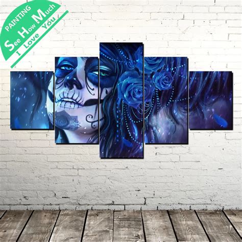 5 Piece Blue Sugar Skull Modern Artwork Wall Art Canvas Poster and Print Canvas Painting ...