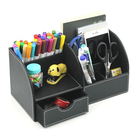 6 Blocks Holder PU Leather Office Desk Organizer Stationery Storage Box Office Stationary Set ...