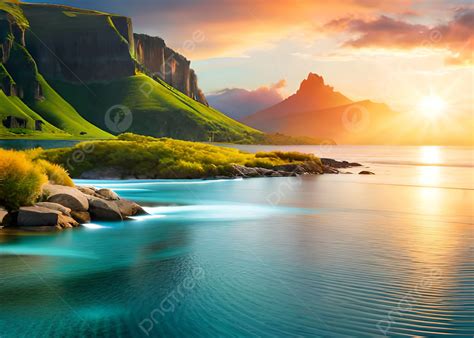 Beautiful Ocean Green Mountains Sunset Nature Wallpaper Background Ai, Wallpaper, Beautiful ...