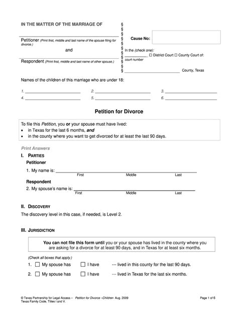 TX Petition for Divorce 2009 - Complete Legal Document Online | US Legal Forms