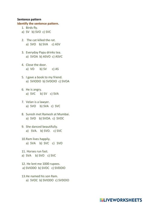 Identify The Sentence Pattern Worksheets - Your Home Teacher - Worksheets Library