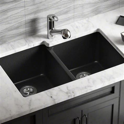 MR Direct Black Quartz Granite 33 in. Double Bowl Undermount Kitchen Sink 801-Black