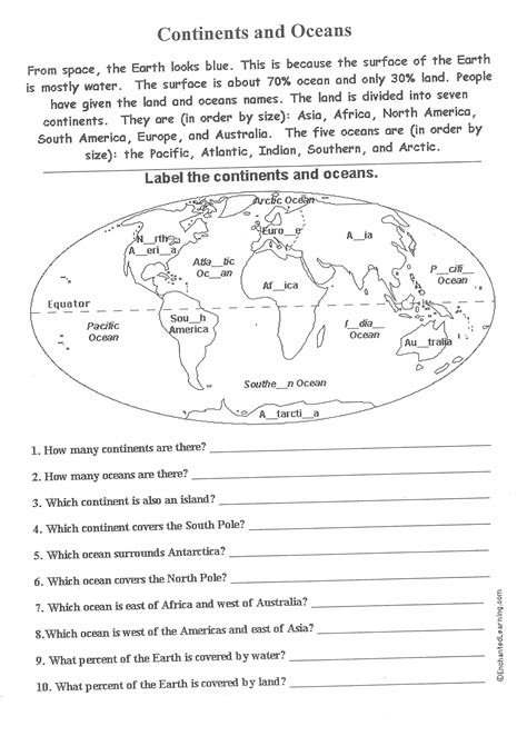 Printable Continents And Oceans Worksheet