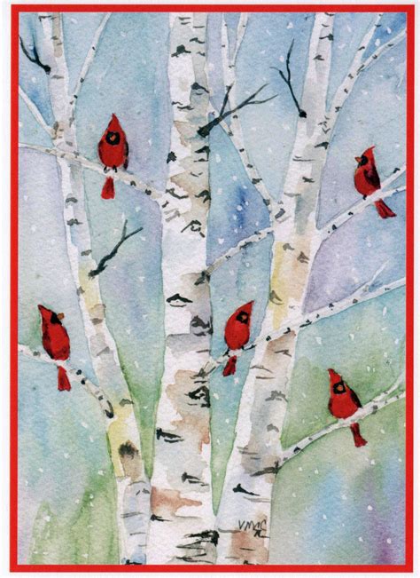 Christmas Cardinal Birds in Birch Trees. All Occasion | Etsy