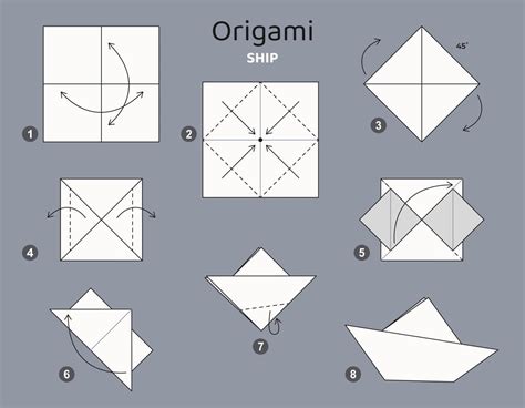 Ship origami scheme. isolated origami elements on grey backdrop. Origami for kids. Step by step ...