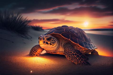 Premium Photo | A turtle on the beach at sunset