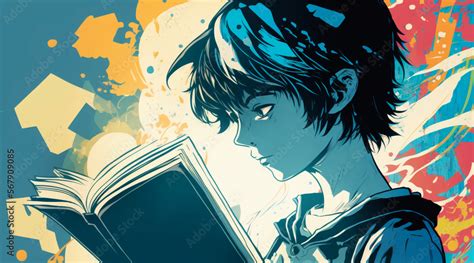 Illustration of happy boy reading a book. Japanese anime or manga style illustration of a ...