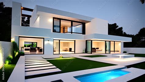 Elegant, modern and luxury house exterior design concept in white color. 3D rendering Stock ...