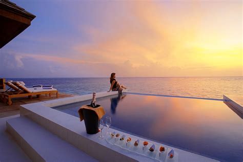 HD wallpaper: Luxury hotel, Swimming pool, Sunset, 4K, Water suite | Wallpaper Flare