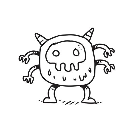 a hand drawn illustration of a cute monster with mask and four hands. cute doodle cartoon ...