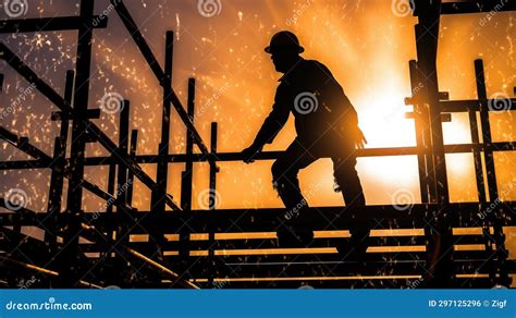 Silhouette of a Construction Worker on Scaffolding at Sunset Stock Illustration - Illustration ...