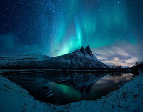 Download Reflection Night Mountain Snow Winter Nature Aurora Borealis HD Wallpaper