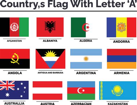 country flags with with A letter name vector set of flat shield icons. Flags of all countries ...