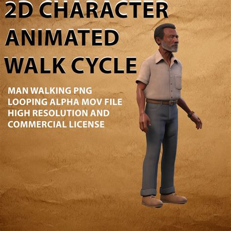 2D Animated Walk Cycle of Older Man, Mouth and Eye Movements Looping Alpha MOV File PNG ...