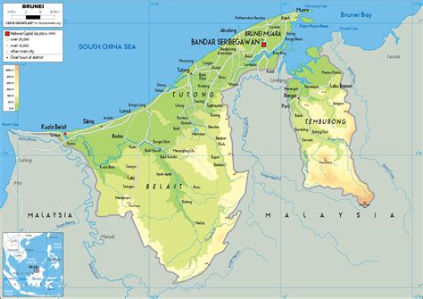 Large size Physical Map of Brunei Darussalam - Worldometer