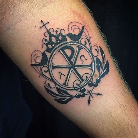 Incredible design black and white Chi Rho special symbol Christ monogram forearm tattoo ...