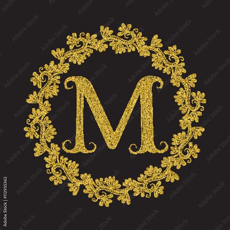 Golden glittering letter M monogram in vintage style. Heraldic circular wreath with gold ...