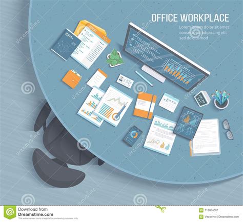 Top View of Office Workplace with Round Table, Armchair, Office Supplies. Charts, Graphics on a ...