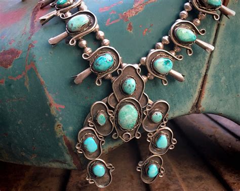 224gm 24" Vintage Navajo Natural Turquoise Squash Blossom Necklace, N… | Vintage native american ...