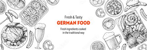 German food menu sketches. Design template. Hand drawn vector illustration. German cuisine ...