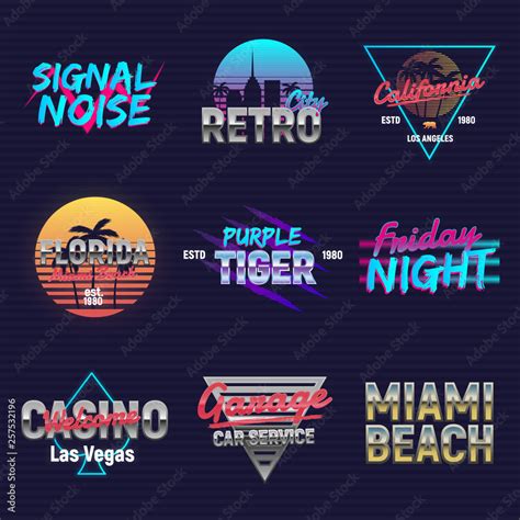 Set of retro outrun neon logos. Neon logo designs. 9 Vector retro 80's logos set. Retro prints ...