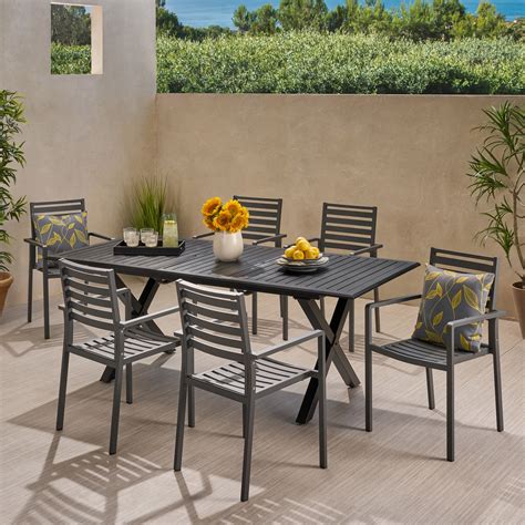 Noxx Outdoor Modern 6 Seater Aluminum Dining Set with Expandable Table, Black and Gun Metal Gray ...