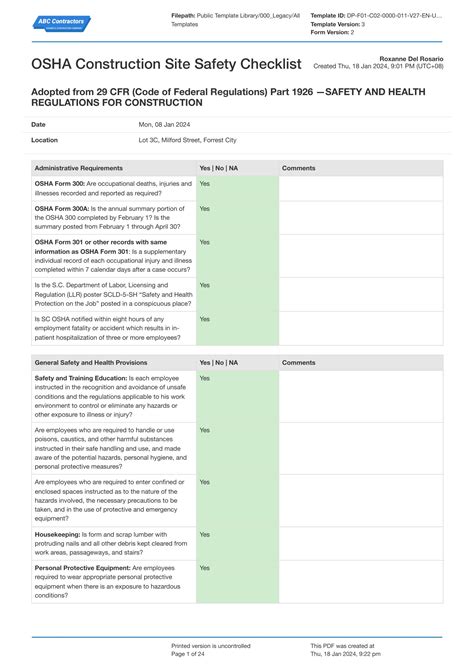 Free digital OSHA Construction Site Safety checklist template