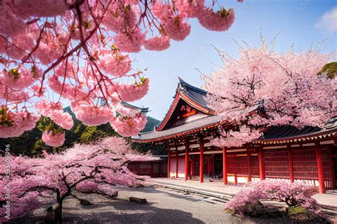 Beautiful japan temple in blossoming sakura garden, pink cherry trees, nature background ...