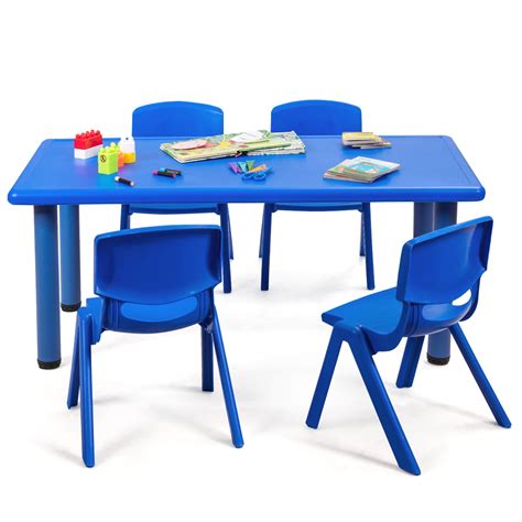 Topbuy Kids Table & 4 Chairs Set Activity Desk & Chair Set Indoor/Outdoor Home Classroom Blue ...