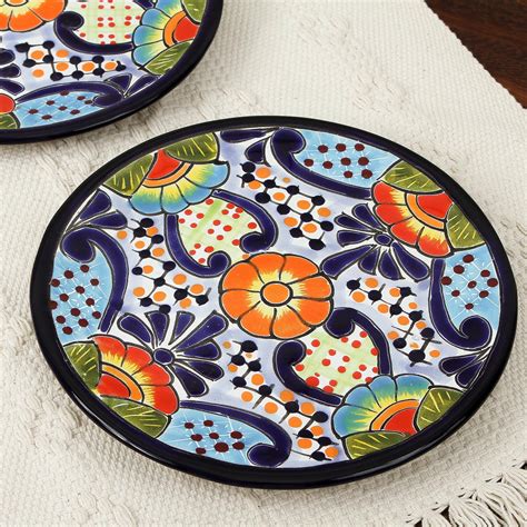 Talavera Ceramic Dessert Plates from Mexico (Pair) - Raining Flowers | NOVICA