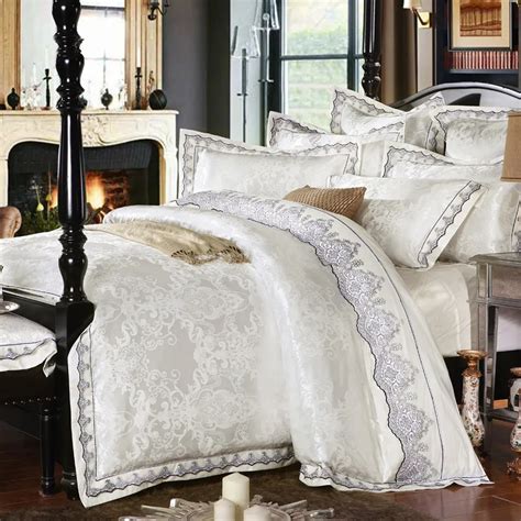 SunnyRain 4/6 Pieces White Jacquard Silk Cotton Luxury Bedding Set King Size Queen Bed Set Lace ...