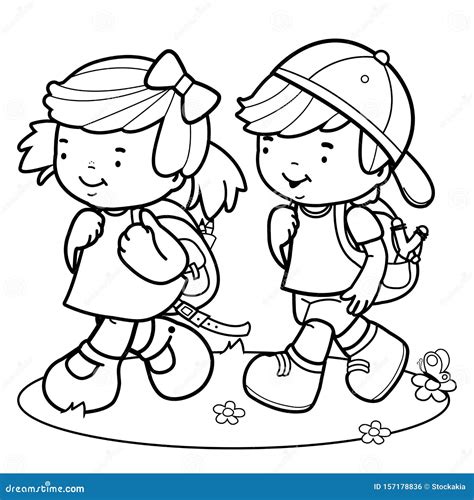 Children Walk To School. Student Kids Walk To School. Vector Black and White Coloring Page ...