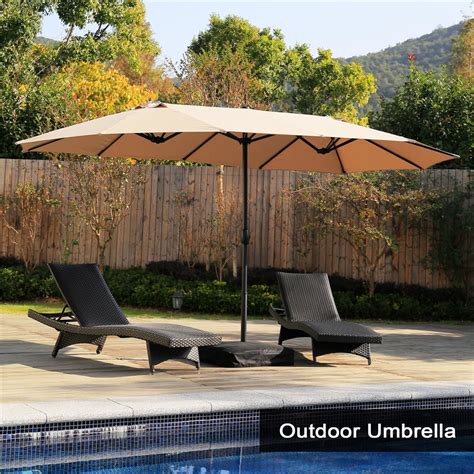 15 ft Market Outdoor Umbrella Double-Sided Aluminum Table Patio Umbrella with Crank, Beige ...