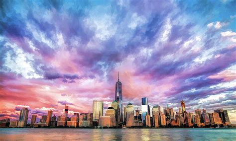 New York City Skyline Sunset Painting by Christopher Arndt - Pixels