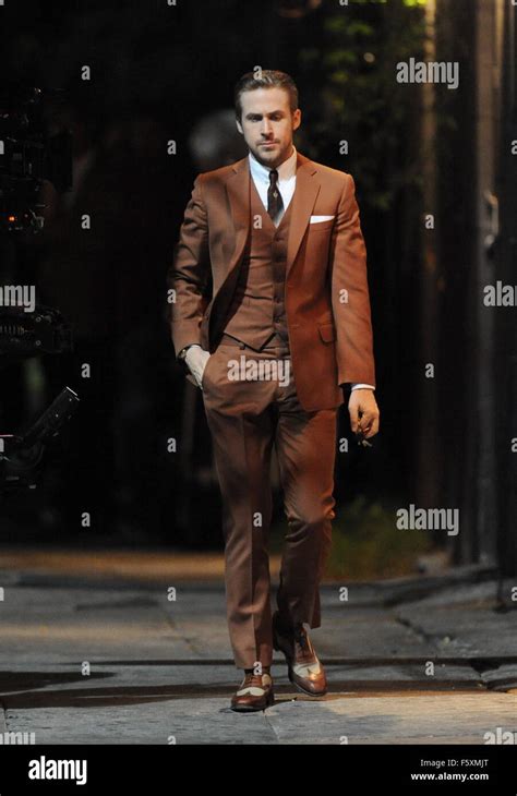 Ryan Gosling sports a vintage brown suit for a scene in 'La La Land,' currently filming in ...