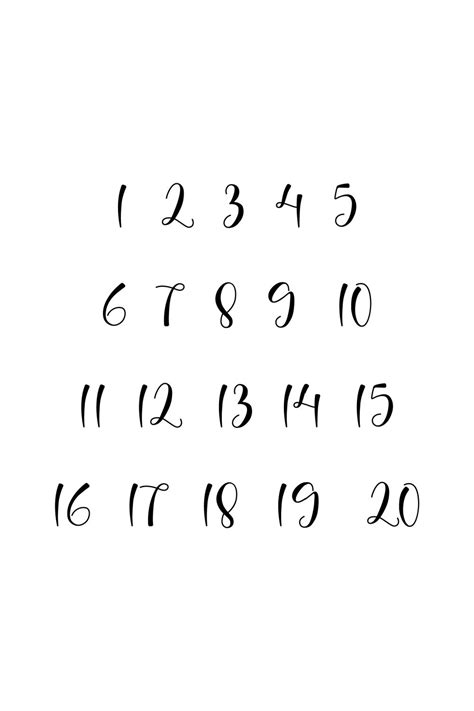 Set of Free Printable Cursive Numbers 1-20