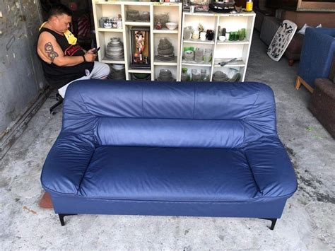 Blue leather Sofa, Furniture & Home Living, Furniture, Sofas on Carousell