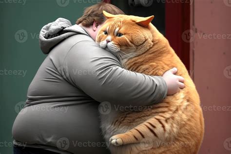 Cute fat cat hugs fat man in nature background. 23373591 Stock Photo at Vecteezy