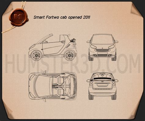 Smart Fortwo 2011 convertible Open Top Blueprint - Hum3D