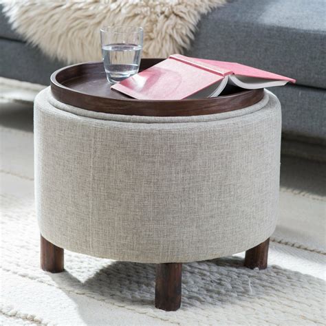 Contemporary Natural Fabric Round Storage Ottoman Footstool Seating w/ Tray - Ottomans ...