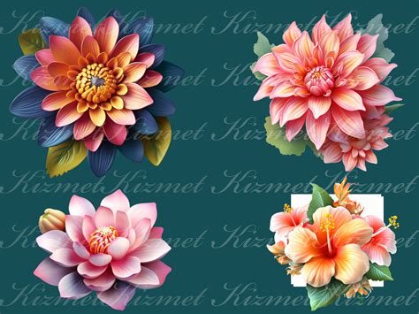 Set of 24 3D Flowers Clipart PNG Files, Digital Downloads for Fun 3D Flowers, Digital Wall Art ...