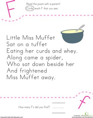 Find the Letter F: Little Miss Muffet | Worksheet | Education.com | Nursery rhymes activities ...