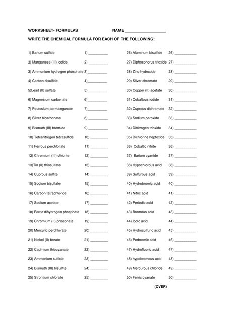 Chemical Formulas Worksheet Download Printable PDF | Templateroller