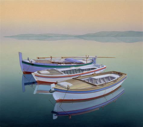 Rowboat painting, THREE MOORED BOATS, Fishing boats, Painting by Rinaldo Skalamera - Fine Art ...