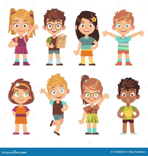 Cute Cartoon Kids Set. Children Girls Boys Standing Kid Portraits Happy Teens Group Funny ...