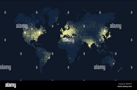 World map illustration, earth planet lights at night. Worldwide satellite view of nocturnal ...